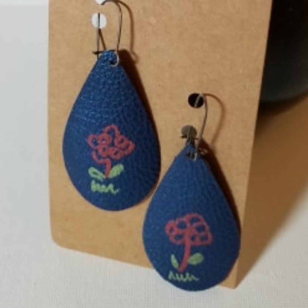Pleather Drop Earrings Handmade Hand Painted Flower 2"